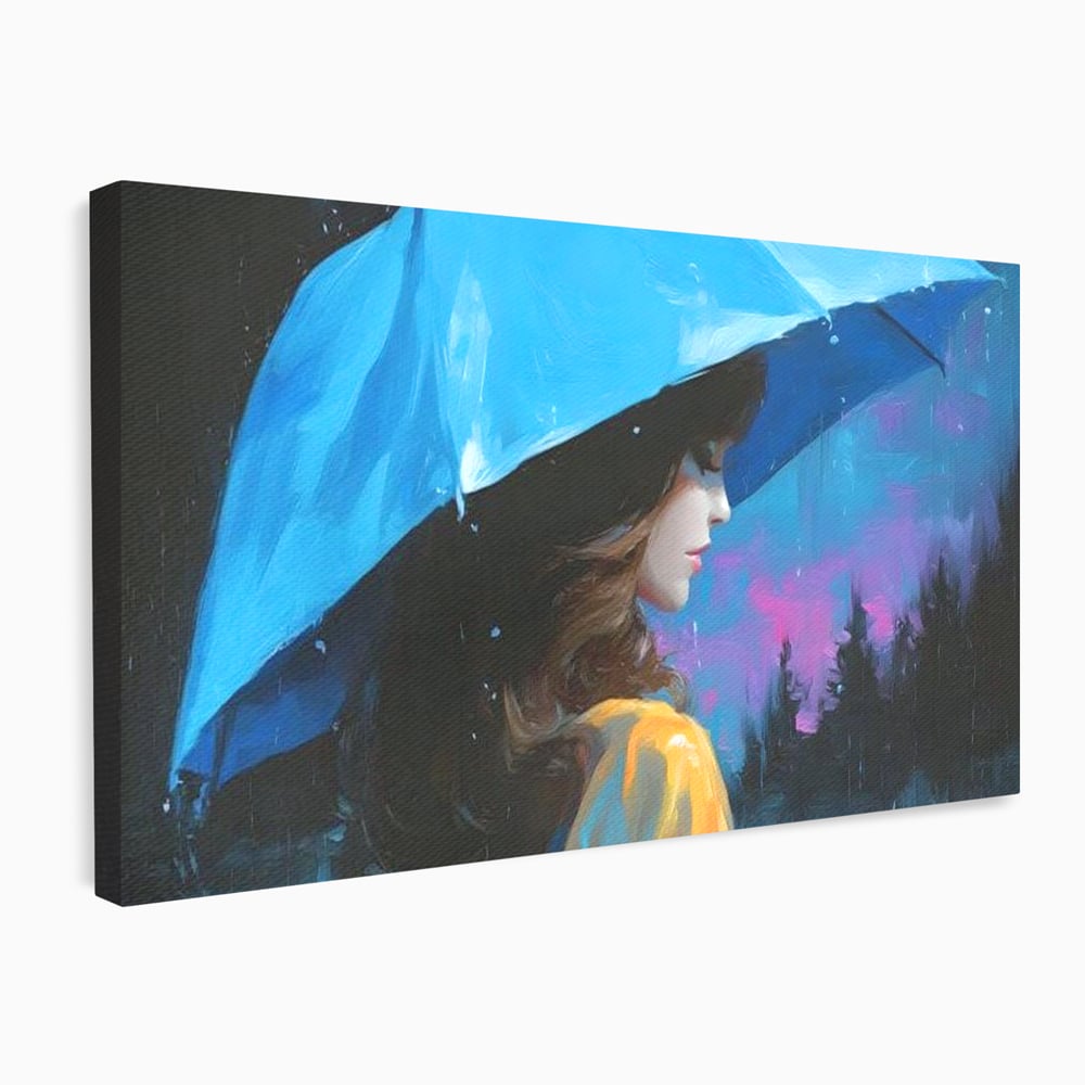 Tablou canvas cu pictura cu femeie sub umbrela albastra, fara rama, pe sasiu de lemn